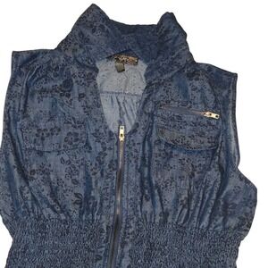 J Gee Denim Dress Floral Print Sleeveless Zip Front Casual Size P